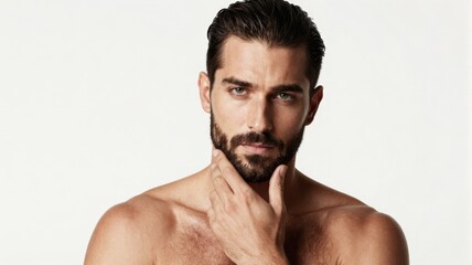 Naklejka premium Shirtless Handsome Man with Beard Touching Chin