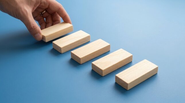 Hand placing a wooden block in a conceptual growth sequence