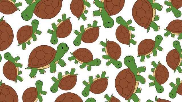 Seamless pattern of cute cartoon turtles with green bodies and brown shells on a white background