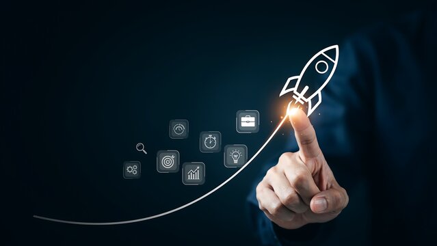 A finger touching a digital rocket ship icon, symbolizing business growth and startup success. The background is a dark blue gradient.
