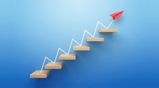 Red paper plane flying above wooden steps with growth chart