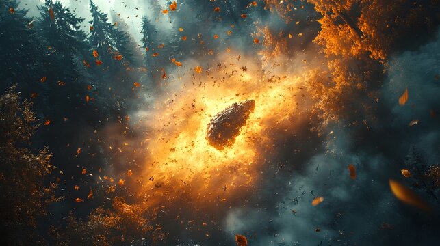 Aerial view of a meteorite crashing into a dense forest triggering explosive fire and chaos among trees and wildlife. Dramatic natural event with fiery impact, smoke, debris, and falling leaves.