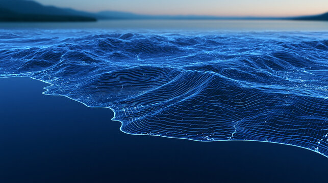 Holographic topographic landscape map projected above a futuristic digital table, geospatial technology, navigation, geographic information systems, smart mapping, data