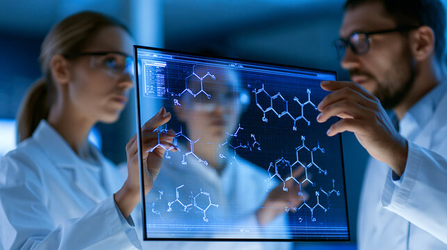 Scientists researching new pharmaceutical compounds through a futuristic AI-powered drug discovery interface, pharmaceutical research, artificial intelligence, biotechnology, drug