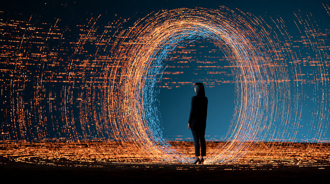 Woman standing beside a glowing oval digital portal in a surreal futuristic environment, immersive technology, virtual reality, augmented reality, digital experience, user
