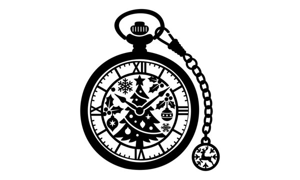 Antique pocket watch silhouette with roman numerals, christmas ornaments, and snowflakes