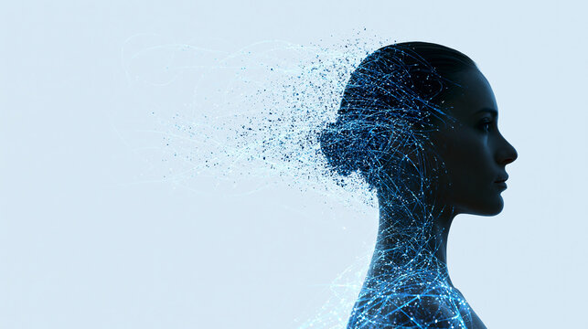 Faceless human silhouette dissolving into glowing digital particles and neural connections, human and artificial intelligence, digital transformation, machine learning,