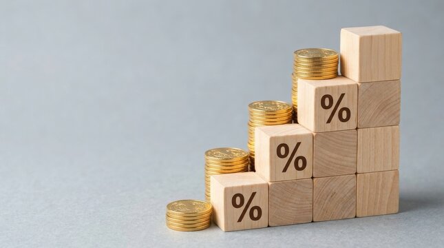 Wooden blocks with percent signs and stacks of gold coins