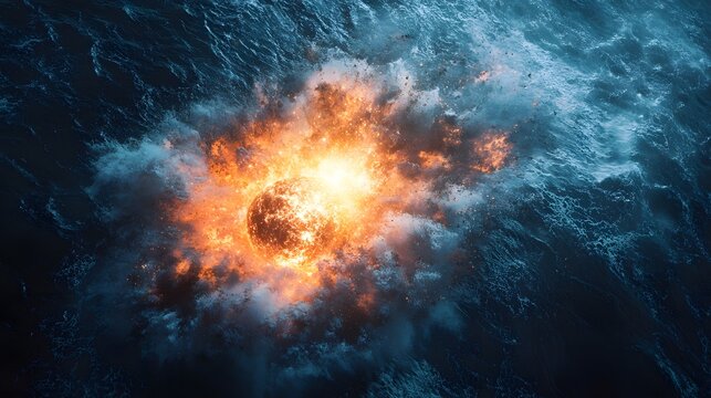 Aerial view of a meteorite plunging into ocean creating explosive splash and crashing waves with fiery impact. Dramatic natural disaster scene captured from above.