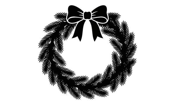 Black and white pine wreath silhouette with large satin bow, christmas decoration holiday wreath