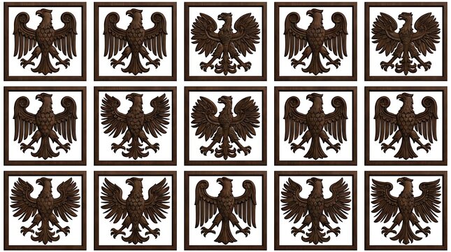 Pattern of brown heraldic eagle symbols on white.