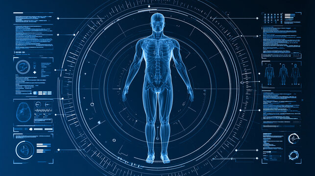 Glowing human hologram surrounded by floating medical data, body diagnostics and healthcare interface elements, digital health, artificial intelligence, medical imaging, patient