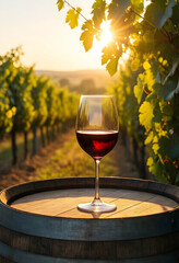 Naklejka premium Wine tasting and vineyard experience at sunset, red wine glass on a barrel in a rural landscape