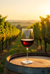 Naklejka premium Wine tasting and vineyard experience, red wine glass on a barrel at sunset in a rural landscape