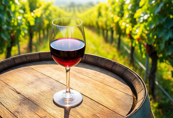 Naklejka premium Wine tasting and vineyard experience, red wine glass on a wooden barrel in a sunny grape field