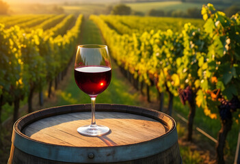 Naklejka premium Wine tasting and vineyard tourism, red wine glass on a wooden barrel with grapevines in a sunny field at sunset