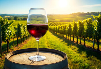 Naklejka premium Wine tasting and vineyard tourism, red wine glass on a barrel with sunny grapevines and rural landscape