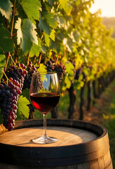 Naklejka premium Wine tasting and vineyard experience, red wine glass on a barrel with ripe grapes in a sunny vineyard