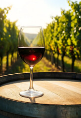 Naklejka premium Wine tasting and vineyard experience, red wine glass on a wooden barrel with grapevines in the background