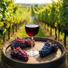 Naklejka premium Wine tasting and vineyard experience, red wine glass with fresh grapes on a barrel in a sunny winery landscape