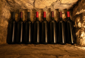 Naklejka premium Wine cellar storage and aging process, red wine bottles in a row against a rustic stone wall, vintage winery
