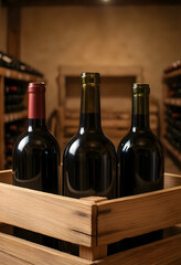 Naklejka premium Wine cellar storage and aging process, red wine bottles in a wooden crate, viticulture and winemaking industry