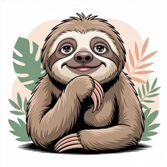Naklejka premium Cute cartoon sloth illustration with a thoughtful expression and tropical leaves background