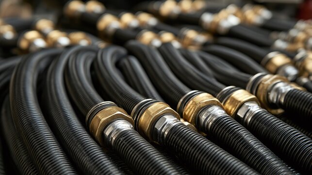 Close-up of numerous black hydraulic hoses with gleaming brass and silver fittings, showcasing industrial strength and precision engineering, ideal for technical, manufacturing, or construction-relate
