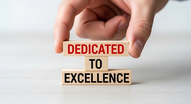 Dedicated to Excellence text on wooden blocks, hand stacking wood cubes for business quality, corporate success and commitment concept