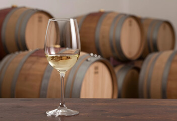 Naklejka premium Wine tasting and winemaking process, glass of white wine on a wooden table with oak barrels in a cellar