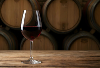Naklejka premium Wine tasting and sommelier experience, red wine glass on a rustic wooden table in a dark cellar with oak barrels