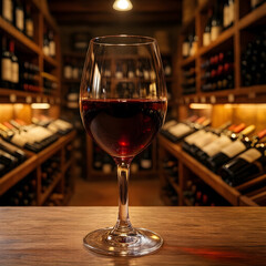 Naklejka premium Wine tasting and sommelier experience, red wine glass on a wooden table in a dimly lit wine cellar
