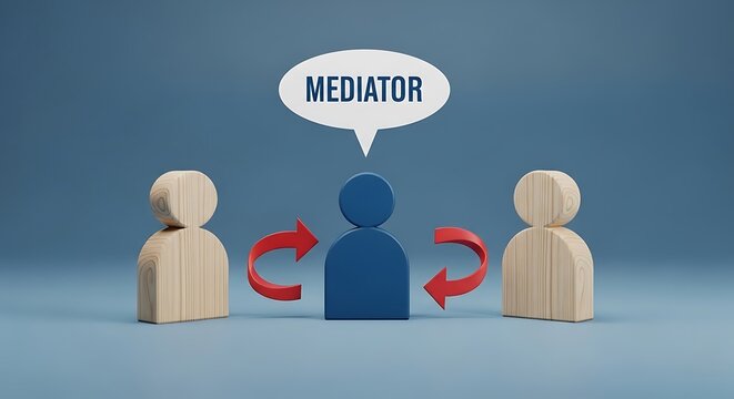 Mediator figure resolving conflict between two parties, professional dispute resolution concept, wooden people icons with red arrows
