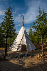 White teepee tent standing in pine forest © Georges_Flayols
