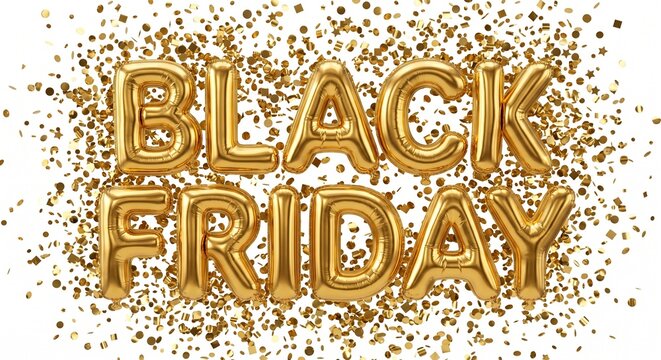 Gold Black Friday foil balloons with glitter confetti on white background for retail sale