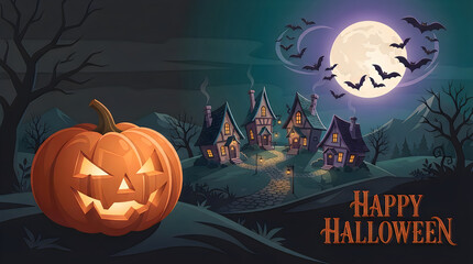 Fototapeta premium Happy Halloween night spooky village illustration with pumpkin, haunted houses, full moon, bats, carved jack-o-lantern, scary landscape, tree silhouettes Halloween.
