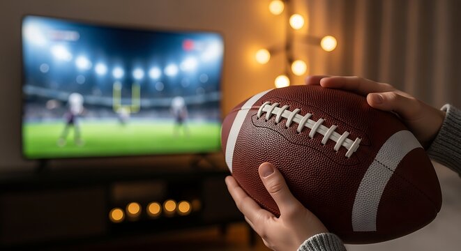 Football Fan Holding a Game Ball While Watching a Live Tv Broadcast