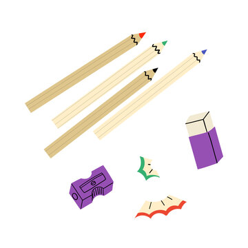 School stationery set with wooden pencils, pencil sharpener, eraser and pencil shavings. Hand drawn flat vector illustration isolated on white background.