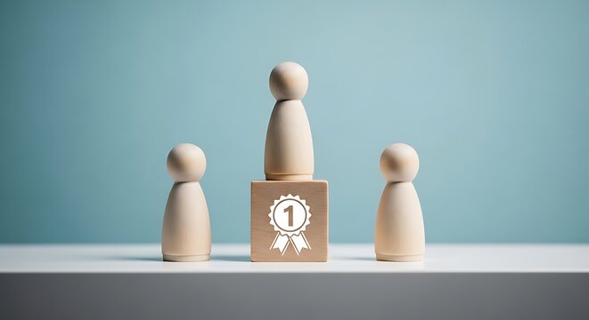 Wooden peg figures on winner podium with number one badge. Leadership and success concept. Business competition achievement.