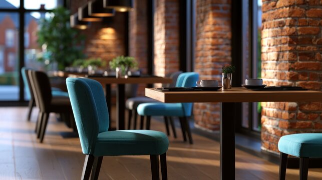 Modern cafe with brick walls, green plants, and blue chairs, sunlight streaming through windows