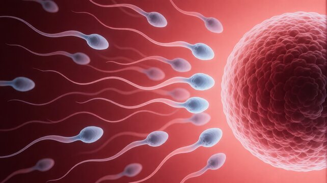 Sperm Cells Swimming Toward an Egg Cell for Fertilization