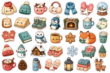 Naklejka premium Cute winter icons set with kawaii seasonal elements for cozy holiday design projects
