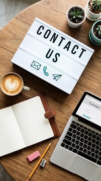 Contact us writing in lightbox lying on desk as flatlay