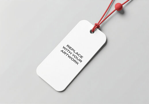 Rectangular product tag mockup with red cord and bead displayed on a light gray textured surface, flat lay top view presentation for branding, packaging, label design, Template