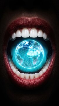 woman with open mouth spreading tongue colored in social network