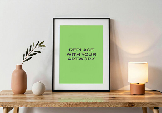 Vertical framed poster mockup with placeholder displayed on a wooden table in modern interior setting, featuring lit lamp and terracotta vases, realistic wall art presentation template