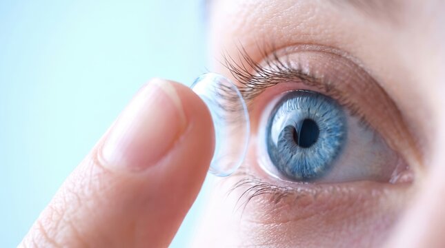 Inserting a corrective contact lens. Man with blue eyes