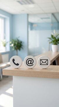 Contact Us. telephone, envelope letter and e-mail symbols on Wooden round in row on table with blurred office background, contact us symbols or web banner