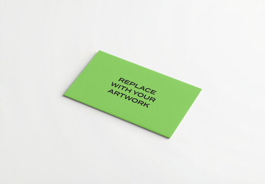 Business card mockup on a white surface with placeholder text, flat lay presentation of stationery branding, clean design template for print and digital media, minimalist corporate identity