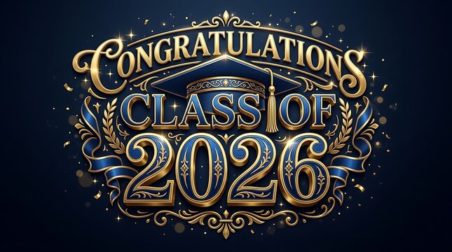 Elegant celebratory graphic highlighting the graduating class of 2026 with luxurious gold and blue design elements